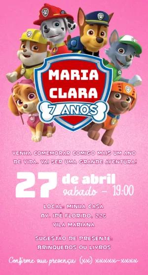 Convite Aniversário Patrulha Canina Rosa para Editar Online