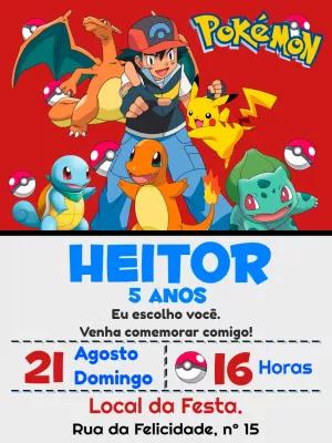 Convite de Aniversário Pokémon com Personagens para Editar