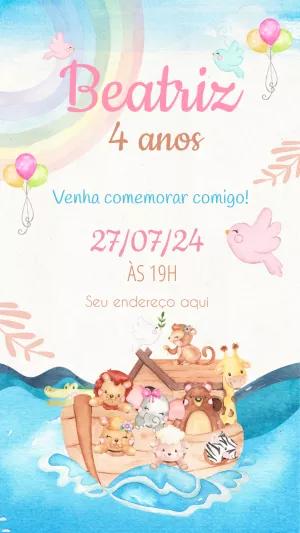 Convite Aniversário Arca de Noé com Animais para Editar Online