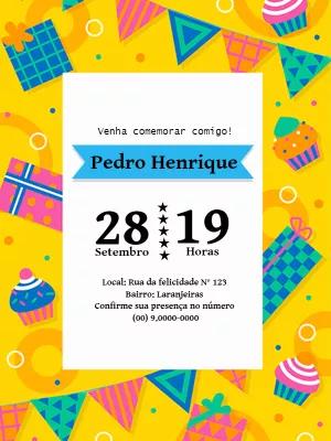 Convite de Aniversário Cupcakes Colorido para Editar Online
