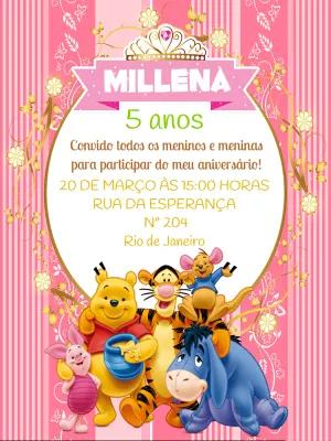 Convite Aniversário Ursinho Pooh Princesa para Editar Online