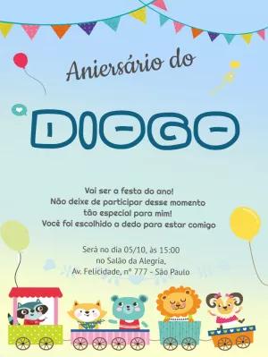 Convite Aniversário Trenzinho dos Animais para Editar Online