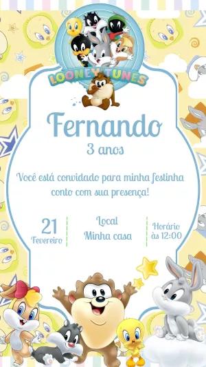 Convite Aniversário Looney Tunes Baby para Editar Online