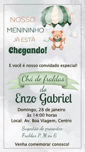 Convite Chá de Fraldas Ursinho com Paraquedas para Editar