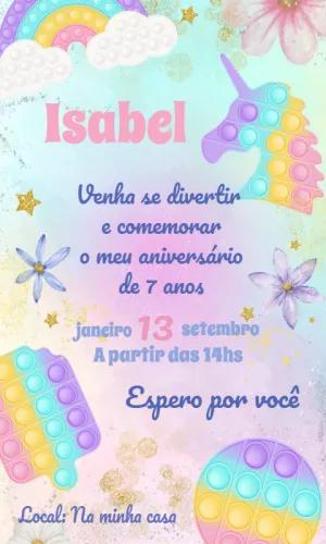 Convite Aniversário Pop It Unicórnio Candy Color para Editar