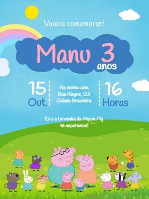 Convite de Aniversário Peppa Pig e Amigos para Editar Online
