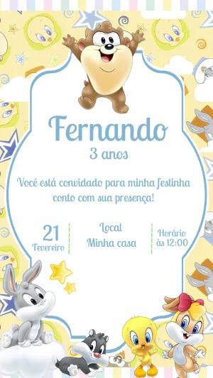 Convite Aniversário Baby Looney Tunes para Editar Online