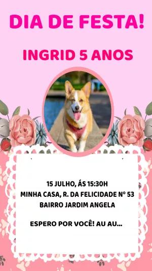 Convite Aniversário de Cachorro Floral com Foto para Editar