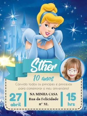 Convite Aniversário Cinderela com Foto para Editar Online