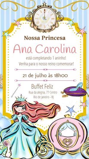 Convite de Aniversário Cinderela Conto de Fadas para Editar