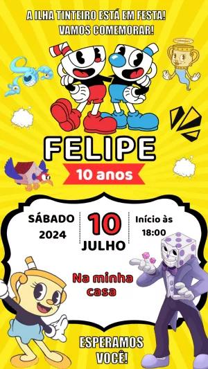 Convite de Aniversário Cuphead com Personagens para Editar