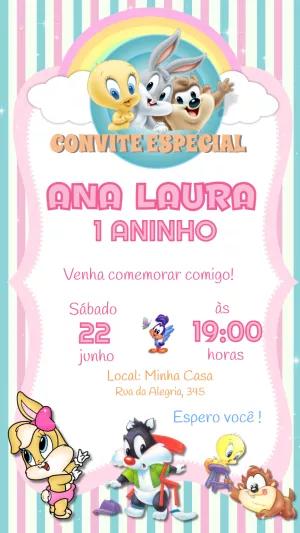 Convite Aniversário Baby Looney Tunes Rosa para Editar Online