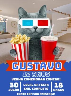 Convite Aniversário Gato Noite de Filme para Editar Online