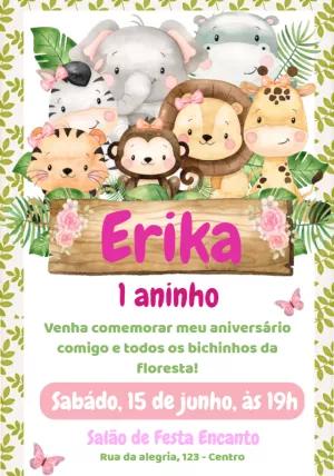 Convite Aniversário Safari Baby Menina para Editar Online