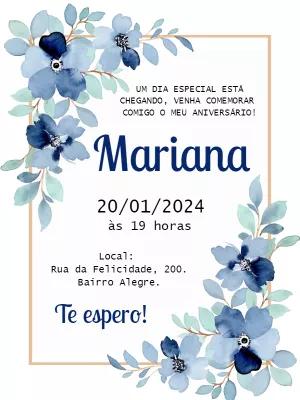 Convite de Aniversário Floral Azul para Editar Online