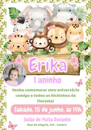 Convite Aniversário Safari Menina com Foto para Editar