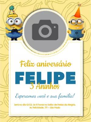 Convite de Aniversário Minions com Foto para Editar Online