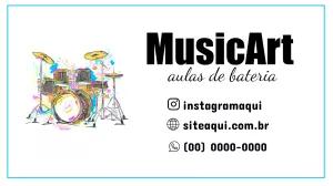 Cartão de Visita Aulas de Bateria com Ilustração para Editar