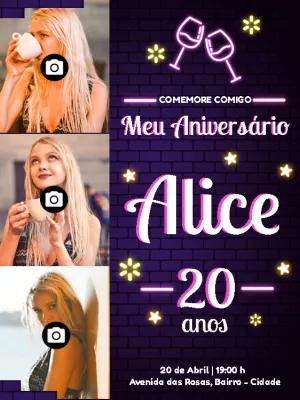 Convite de Aniversário Neon com Foto para Editar Online