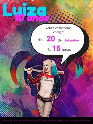 Convite de Aniversário Arlequina para Editar e Imprimir