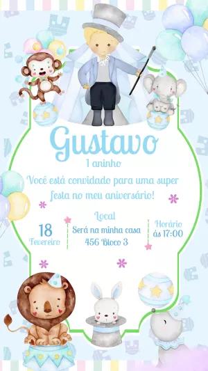 Convite Aniversário Circo com Mágico e Animais para Editar