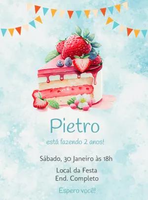 Convite de Aniversário Bolo de Morango para Editar Online