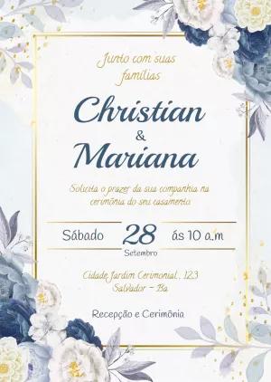 Convite de Casamento Floral Azul e Dourado para Editar Online
