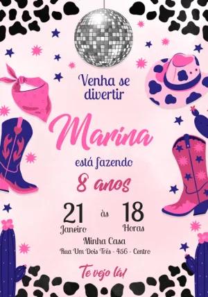 Convite Aniversário Cowgirl Boiadeira Rosa para Editar Online
