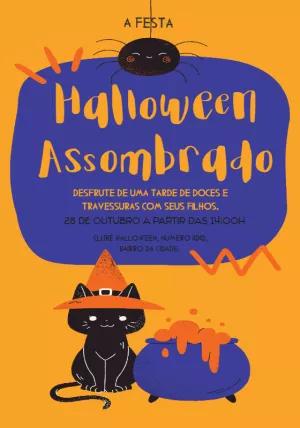Convite de Halloween Infantil com Gato Preto para Editar