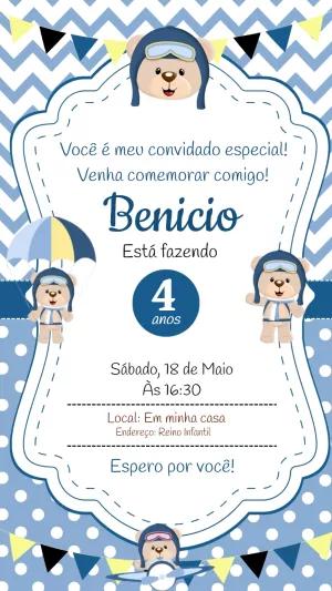 Convite de Aniversário Ursinho Aviador para Editar Online