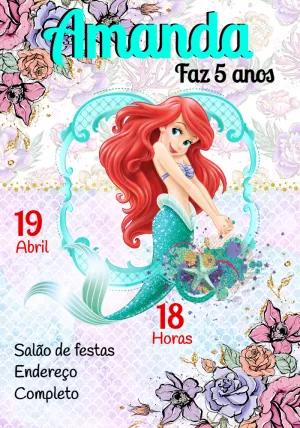 Convite Aniversário Pequena Sereia Ariel para Editar Online