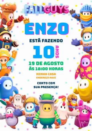 Convite de Aniversário Fall Guys com Personagens para Editar