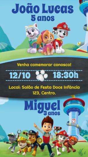 Convite Duplo Patrulha Canina para Irmãos para Editar Online