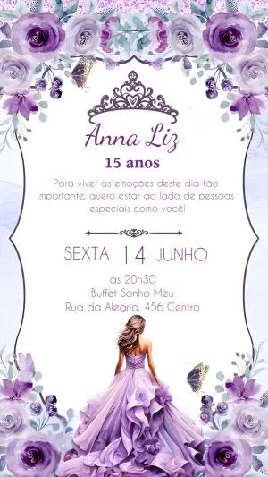 Convite de 15 Anos Floral Lilás com Princesa para Editar Online