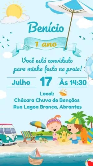 Convite de Aniversário Praia Infantil para Editar Online
