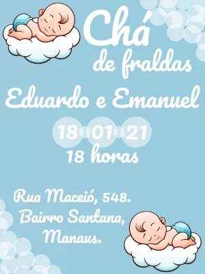 Convite Chá de Fraldas Gêmeos Meninos para Editar Online