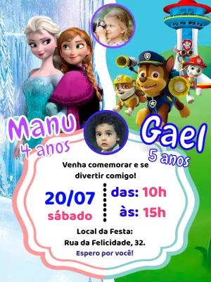 Convite Aniversário Duplo Frozen e Patrulha Canina para Editar