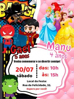 Convite Aniversário Duplo Heróis e Princesas para Editar