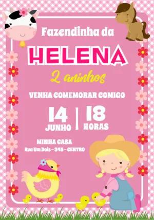 Convite Aniversário Fazendinha Rosa com Animais para Editar Online