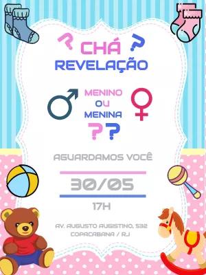Convite Chá Revelação Rosa e Azul com Brinquedos para Editar
