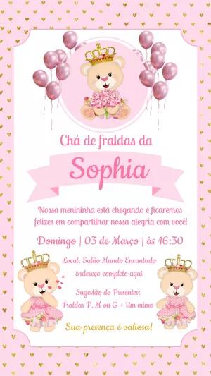 Convite Chá de Fraldas Ursinha Princesa para Editar Online