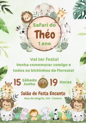 Convite de Aniversário Safari Baby com Animais para Editar Online