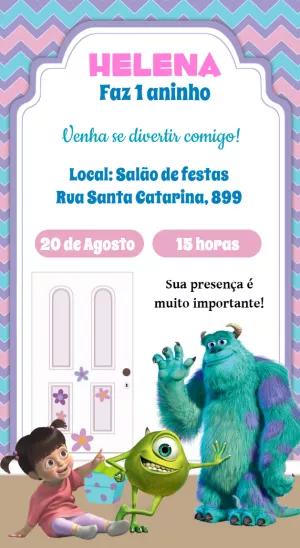 Convite Aniversário Monstros S.A. com a Boo para Editar Online