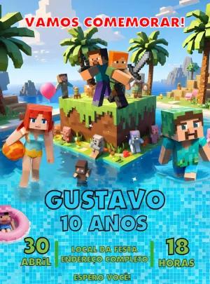 Convite Aniversário Minecraft Pool Party para Editar Online