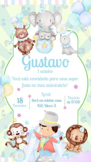 Convite Aniversário Circo Aquarela com Animais para Editar