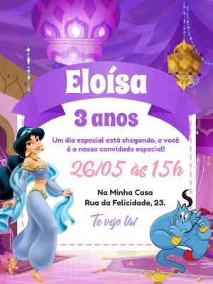 Convite de Aniversário Princesa Jasmine e Gênio para Editar