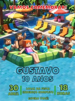 Convite Aniversário Minecraft Pool Party para Editar Online
