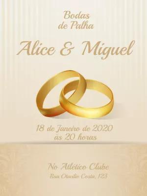 Convite Bodas de Palha com Anéis Dourados para Editar