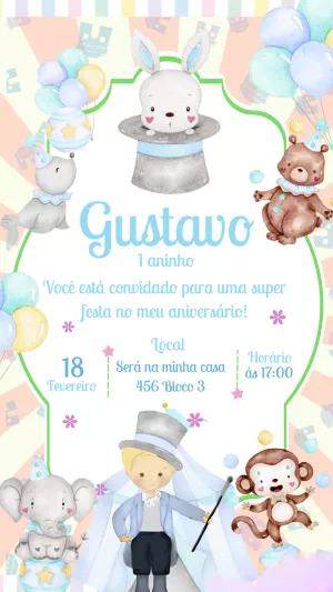 Convite Aniversário Circo com Animais Fofos para Editar Online