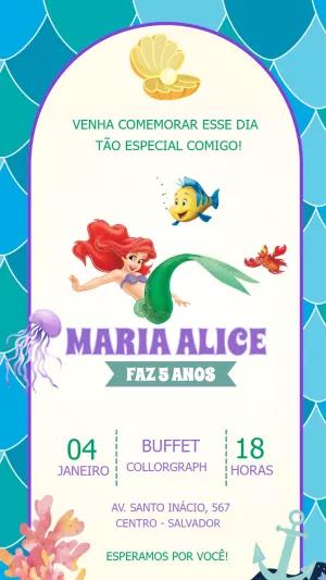 Convite Aniversário Pequena Sereia com Ariel para Editar Online